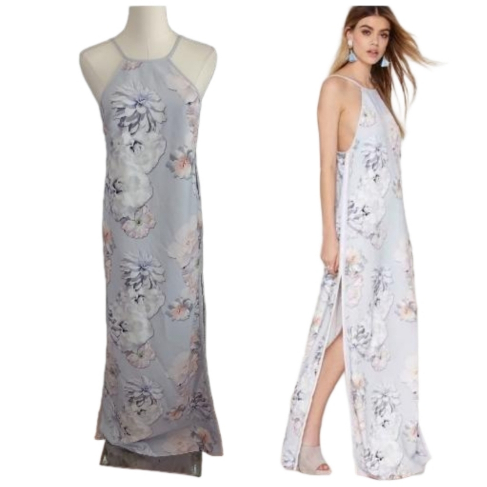FINDERS KEEPERS Check The Rhyme muted Gray Floral Maxi side slits & pockets - Picture 2 of 8